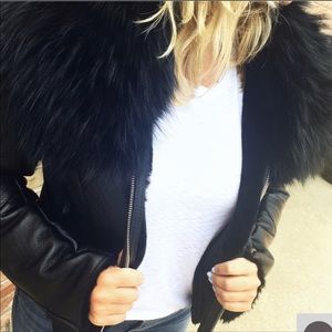 Leather Shearling Jacket With Raccoon Fur Collar